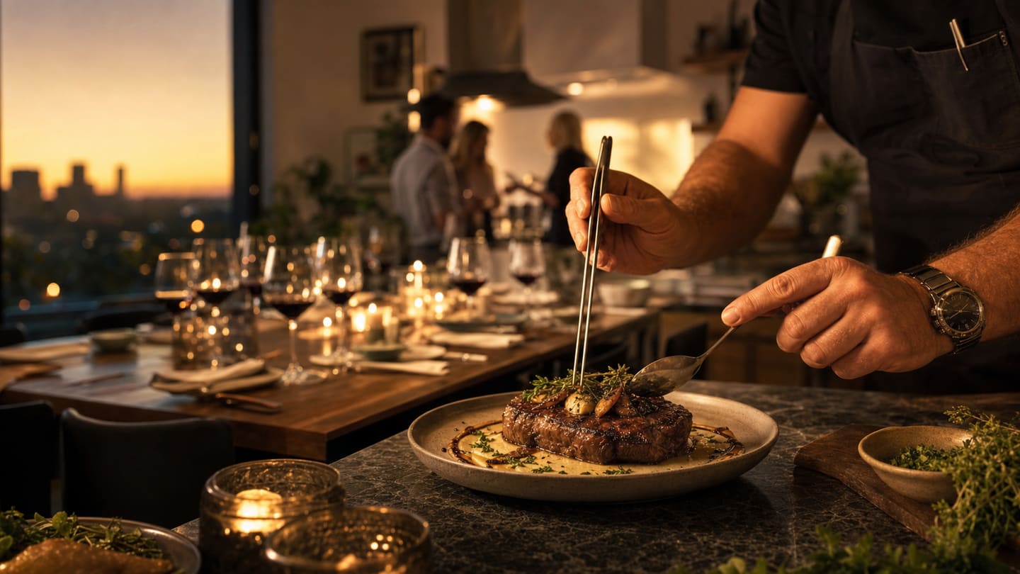 Chef plating a private dinner course